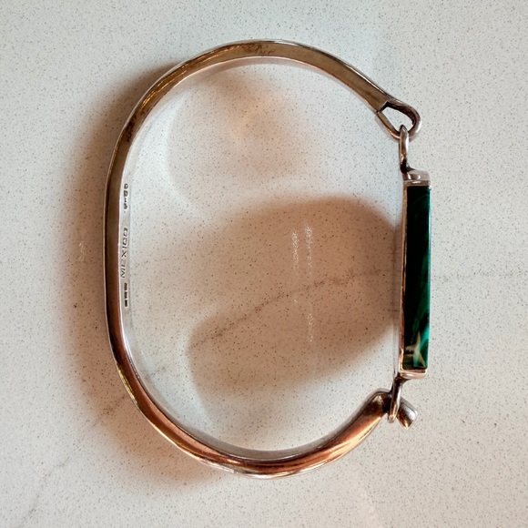Vintage TAXCO 925 Sterling Silver Malachite Hinged Bangle Bracelet RARE Unique - Picture 4 of 8